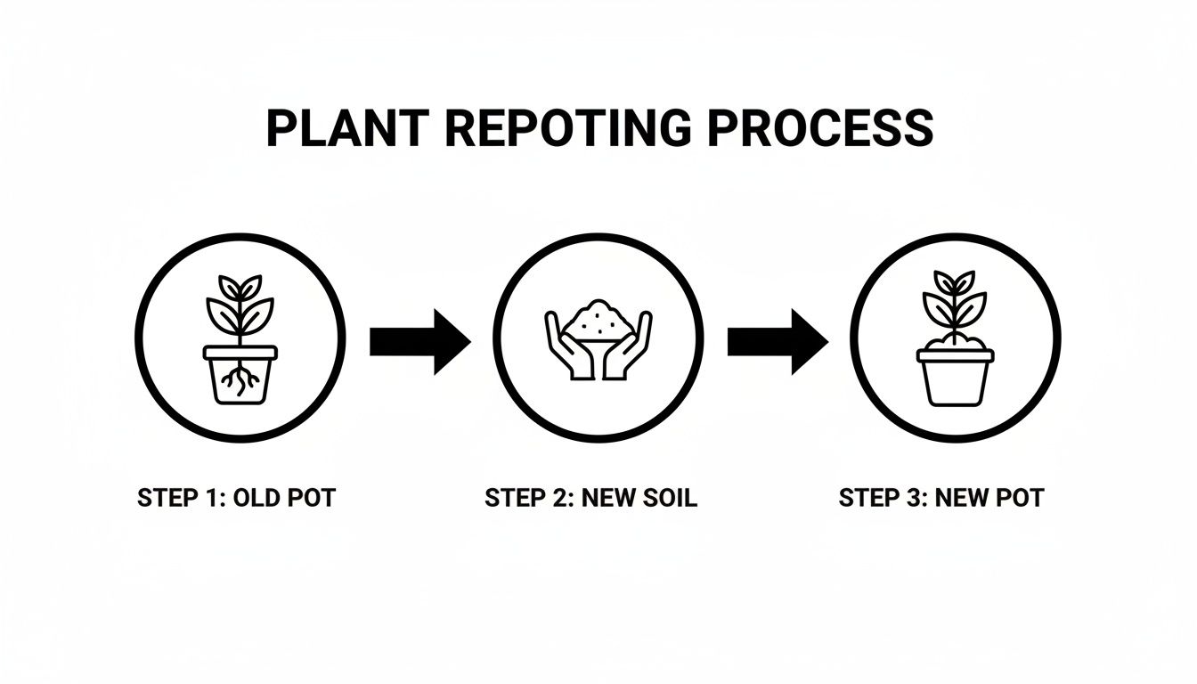 A three-step infographic illustrating the plant repotting process, from old pot to new soil, then to a new pot.
