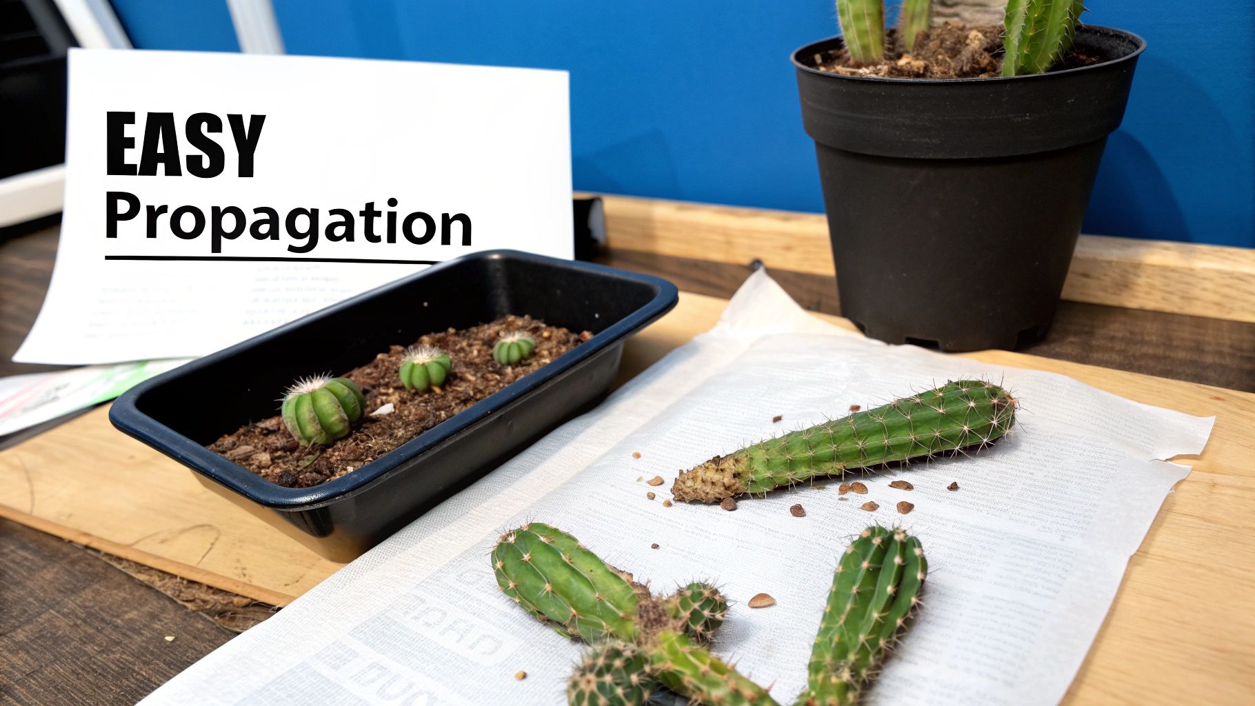 A plant propagation setup with cactus cuttings, small cacti in a planter, and a sign saying 'Easy Propagation'.