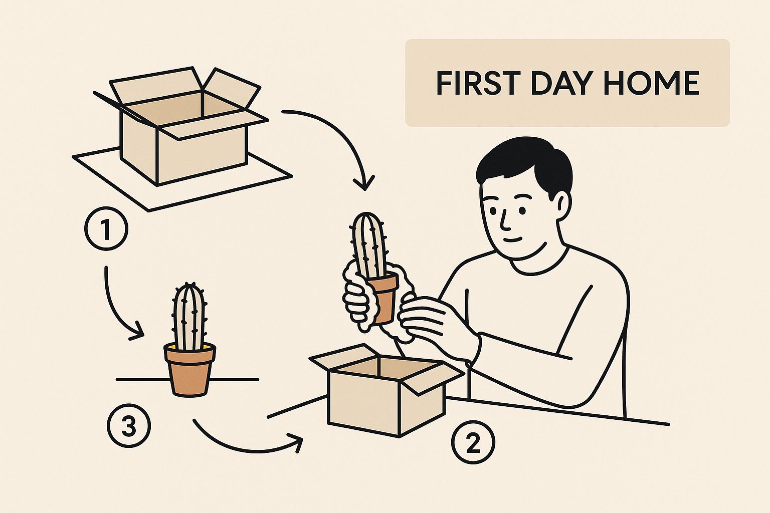 Infographic showing a person unboxing a cactus with text "First Day Home" in the corner.