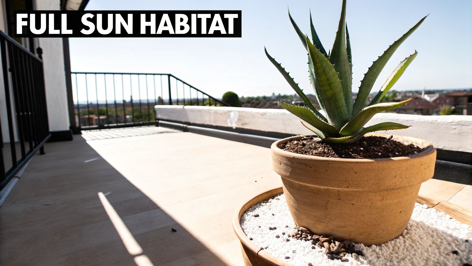 A vibrant green potted succulent plant thrives on a sunny outdoor patio or balcony.