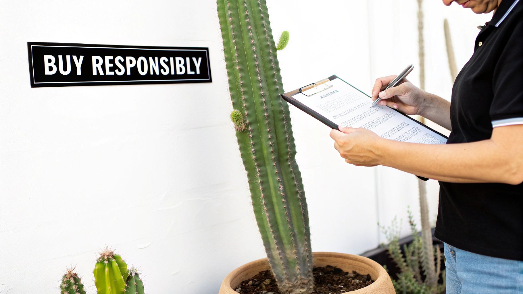 A person in a black shirt writes on a clipboard next to a potted cactus and a 'Buy Responsibly' sign.