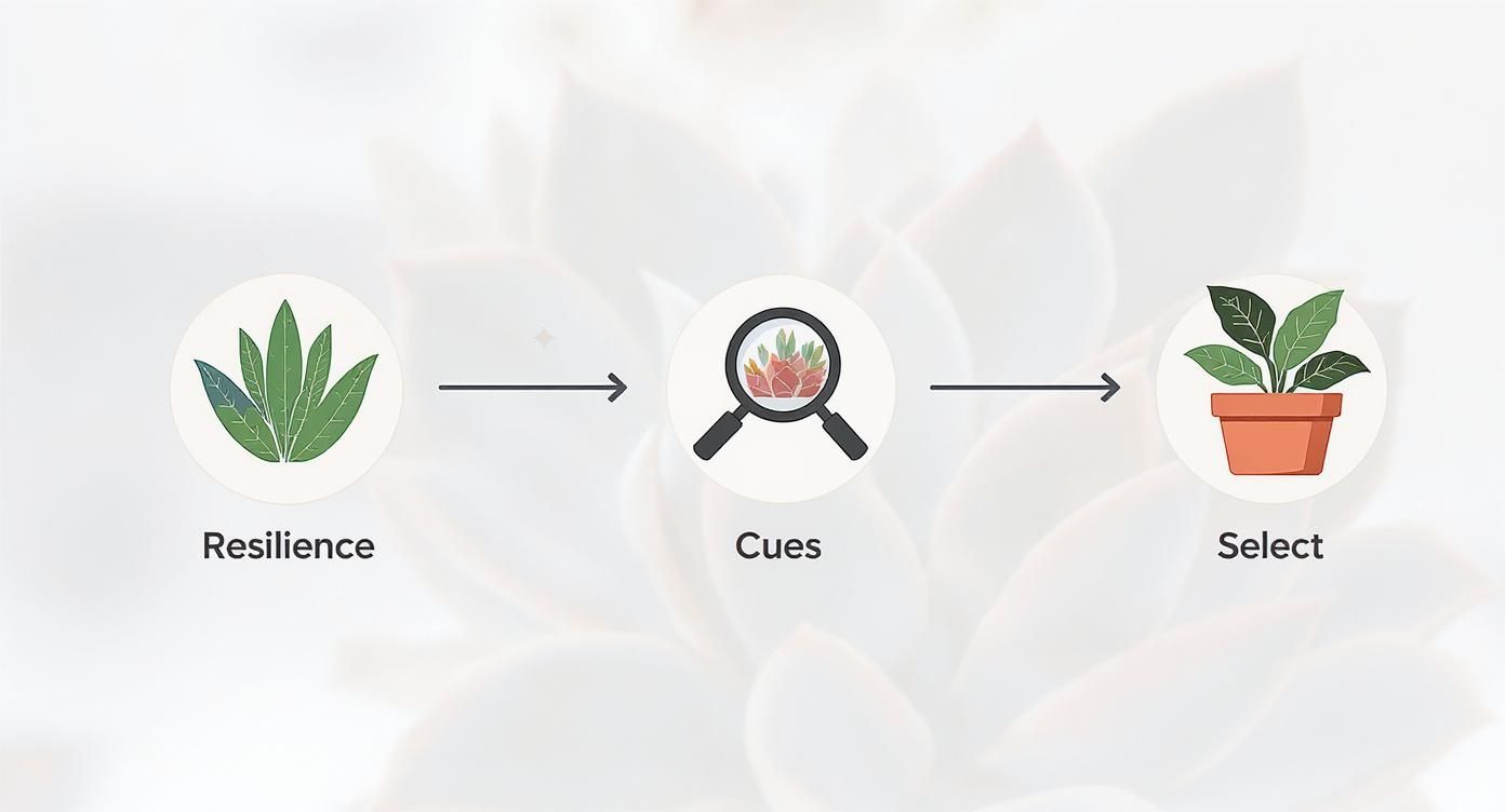 A conceptual flowchart illustrating three steps: Resilience, Cues, and Select, using plant icons.
