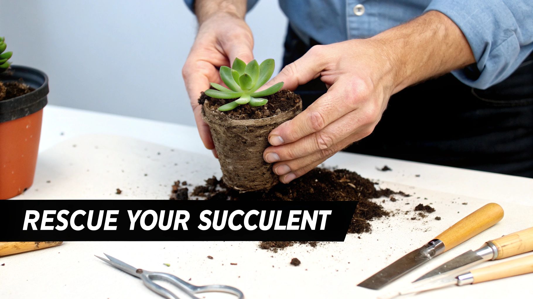 Hands gently holding a succulent plant in a small biodegradable pot, surrounded by soil and tools.