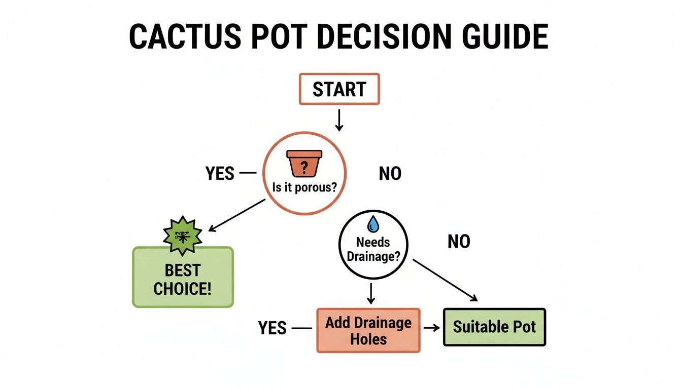 A cactus pot decision guide flowchart, evaluating pot porosity and drainage needs for the best choice.