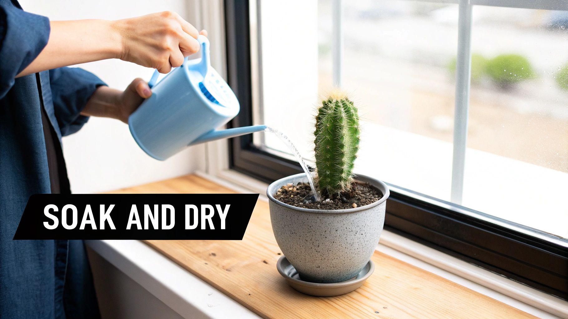 A person waters a potted cactus on a wooden windowsill from a blue watering can, illustrating 'soak and dry' method.