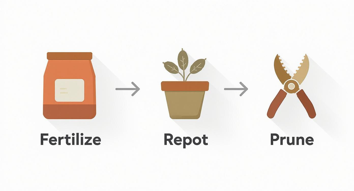 A visual guide illustrating three essential plant maintenance steps: fertilize, repot, and prune.