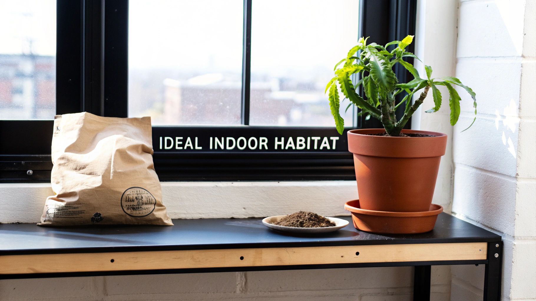 A Mother of Millions plant, a paper bag, and soil on a shelf by a window.