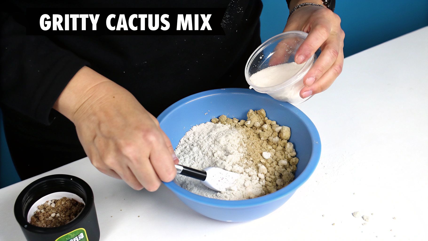 Hands mixing white and brown ingredients in a blue bowl for a gritty cactus mix.