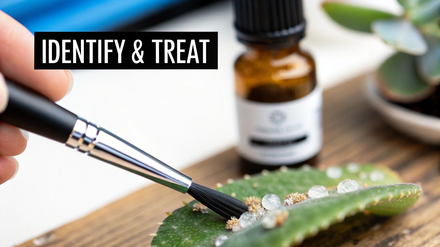 A hand uses a small brush to treat a succulent leaf for pests, with a solution bottle in the background.