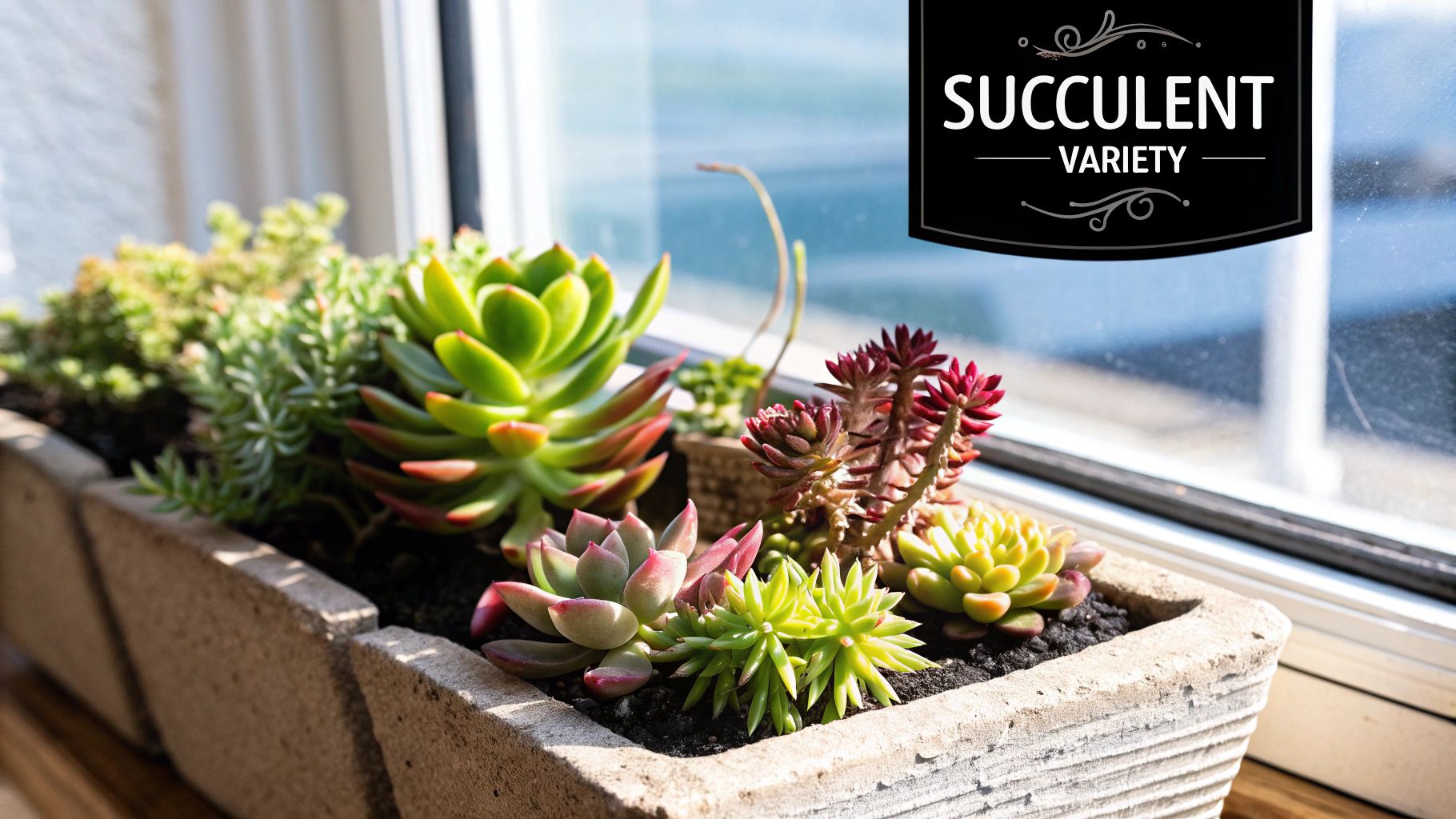 Several types of succulents arranged in a pattern.