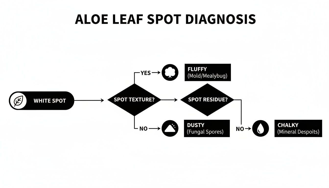 Flowchart for diagnosing white spots on an aloe leaf, detailing causes like mold, fungal spores, or mineral deposits.