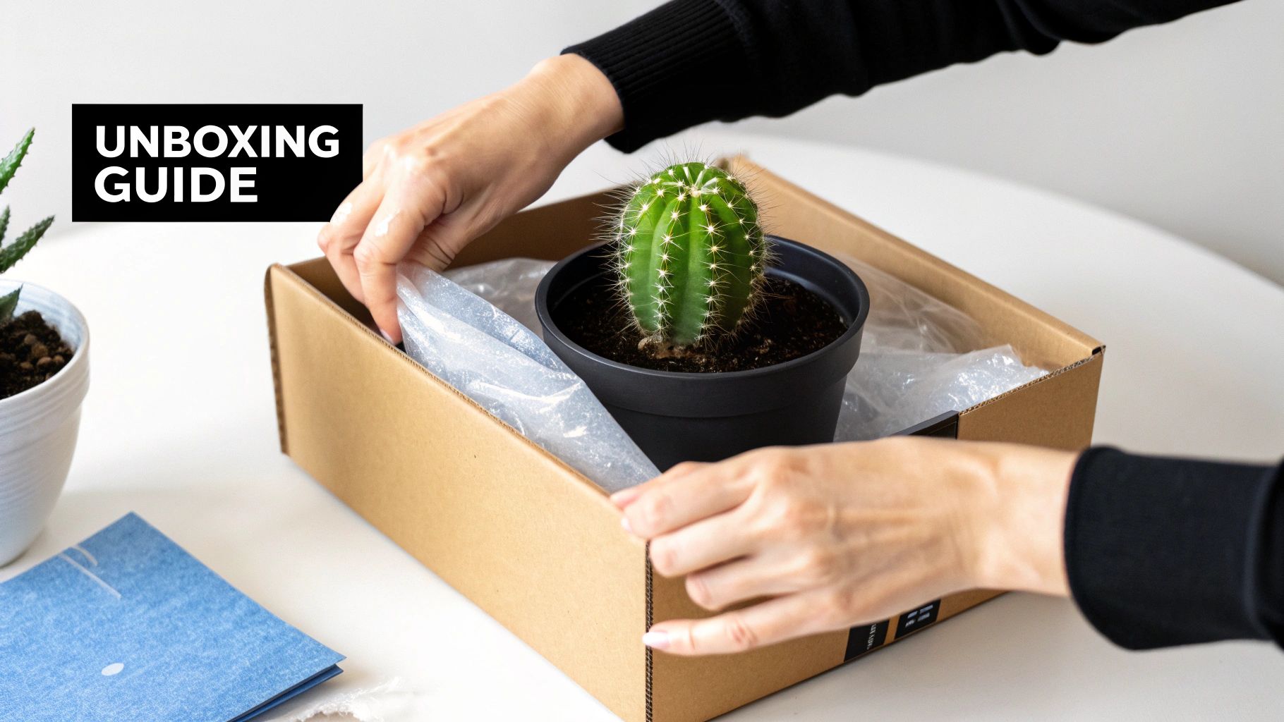 Hands unboxing a potted green cactus plant from a cardboard box, with an 'UNBOXING GUIDE' text.
