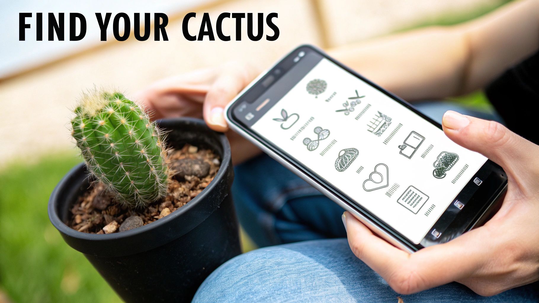 Close-up of hands holding a small potted cactus and a smartphone displaying plant-related icons.