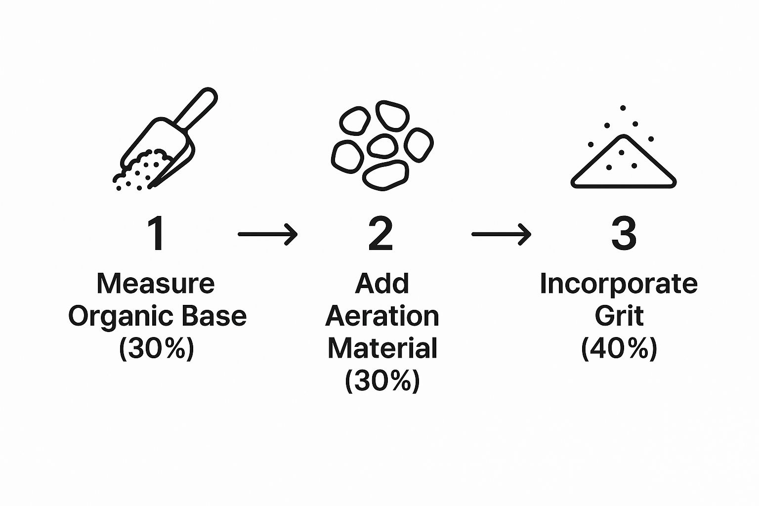 Infographic showing the three-step process for making cactus soil with recommended percentages: 30% Organic Base, 30% Aeration Material, and 40% Grit.