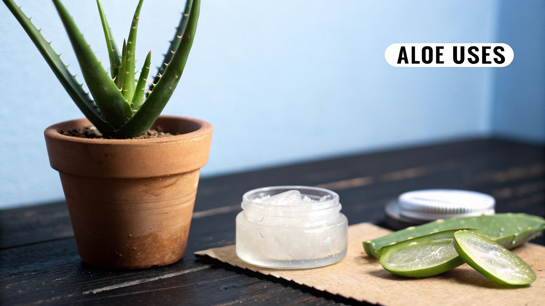 Aloe vera plant in a terracotta pot with fresh cut leaves and extracted gel for various uses.
