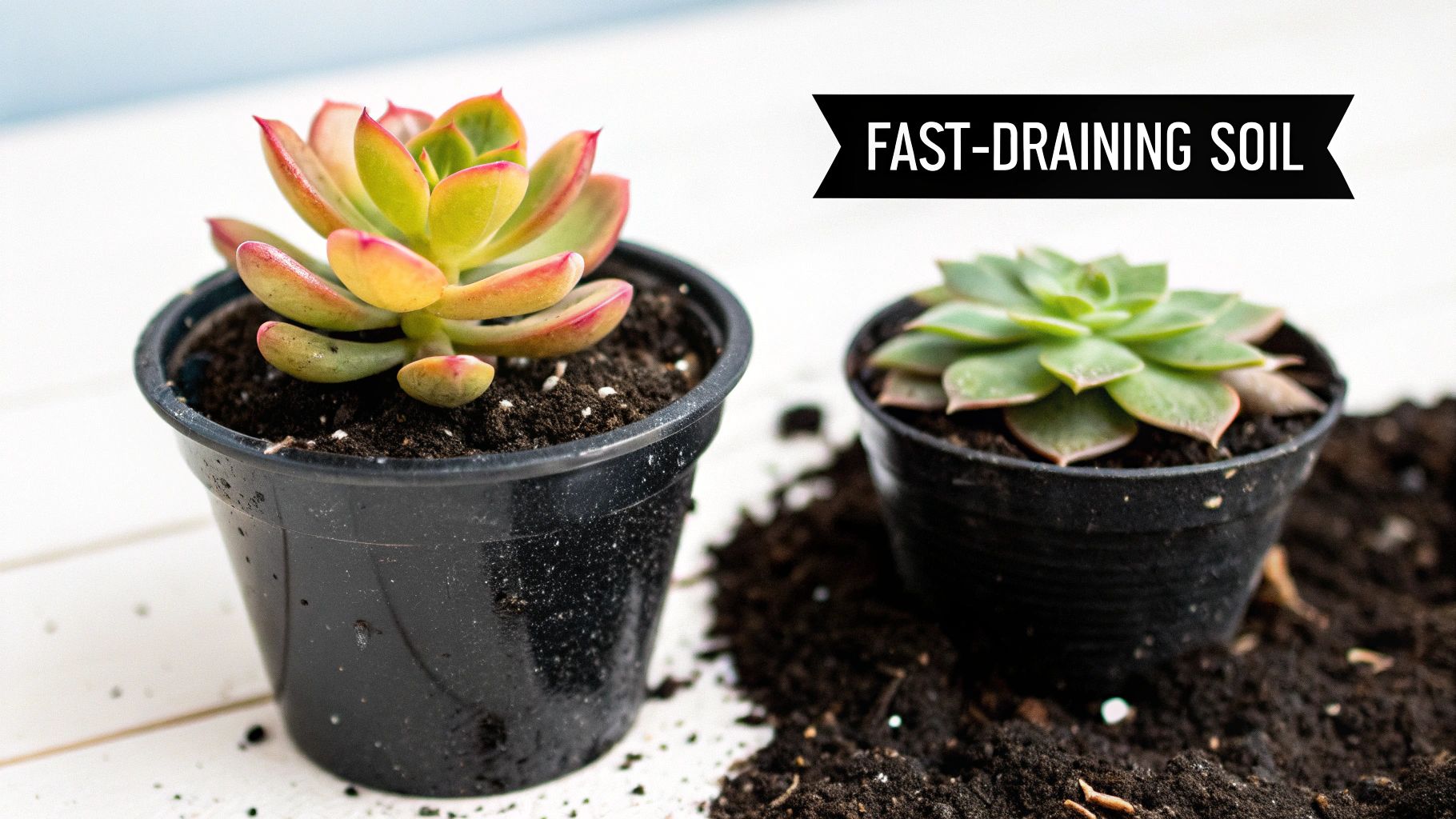 Two vibrant succulent plants in black pots with fast-draining soil on a white surface.
