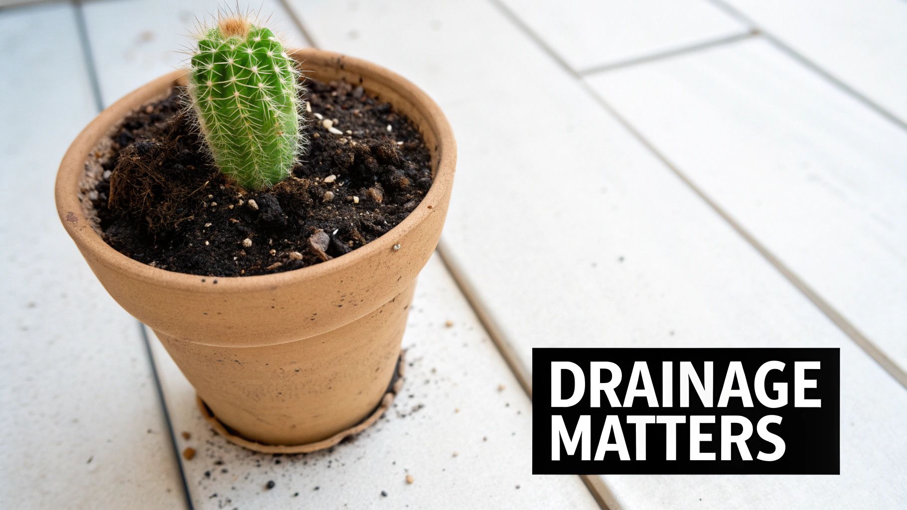 A small green cactus plant in a terracotta pot with soil, on a white wooden surface, with "DRAINAGE MATTERS" text.