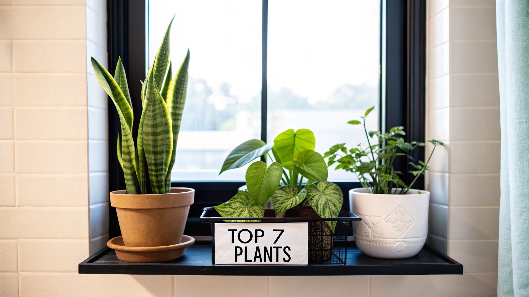 A collection of vibrant, healthy low-light plants suitable for a bathroom setting.