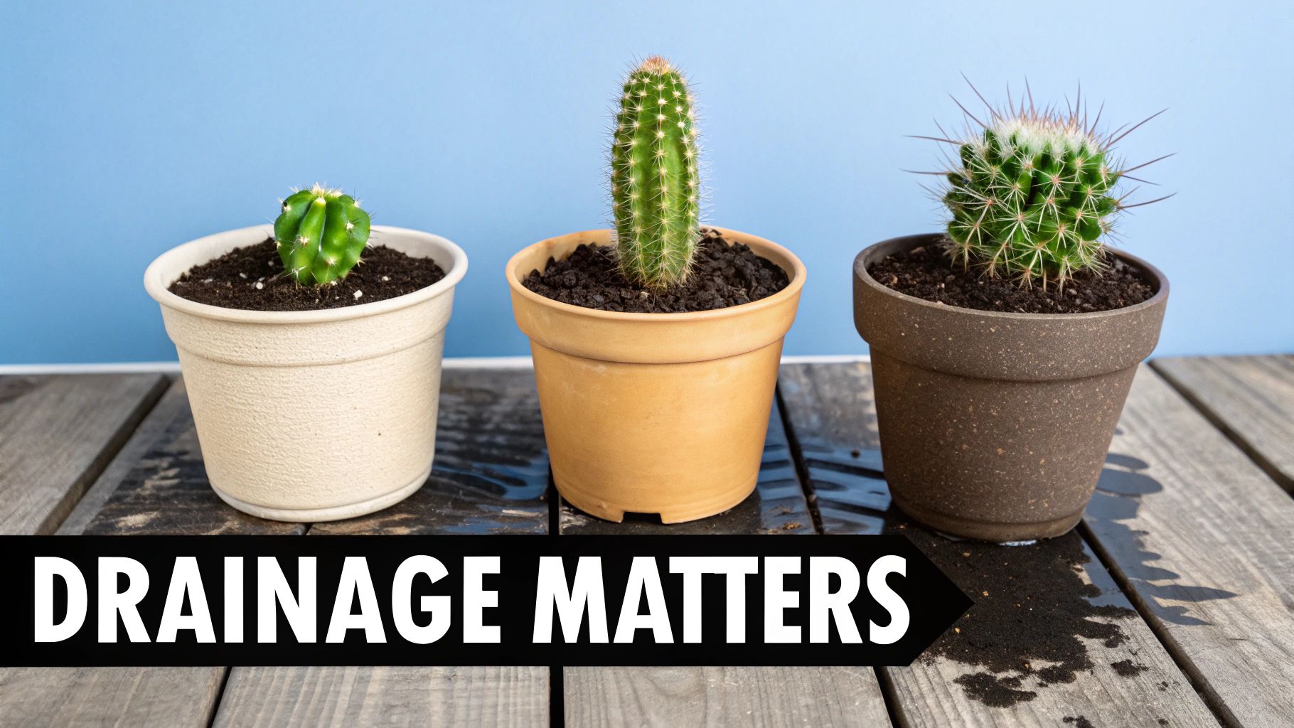 Three potted cacti on a wooden table, one with spilled water, with text 'DRAINAGE MATTERS'.