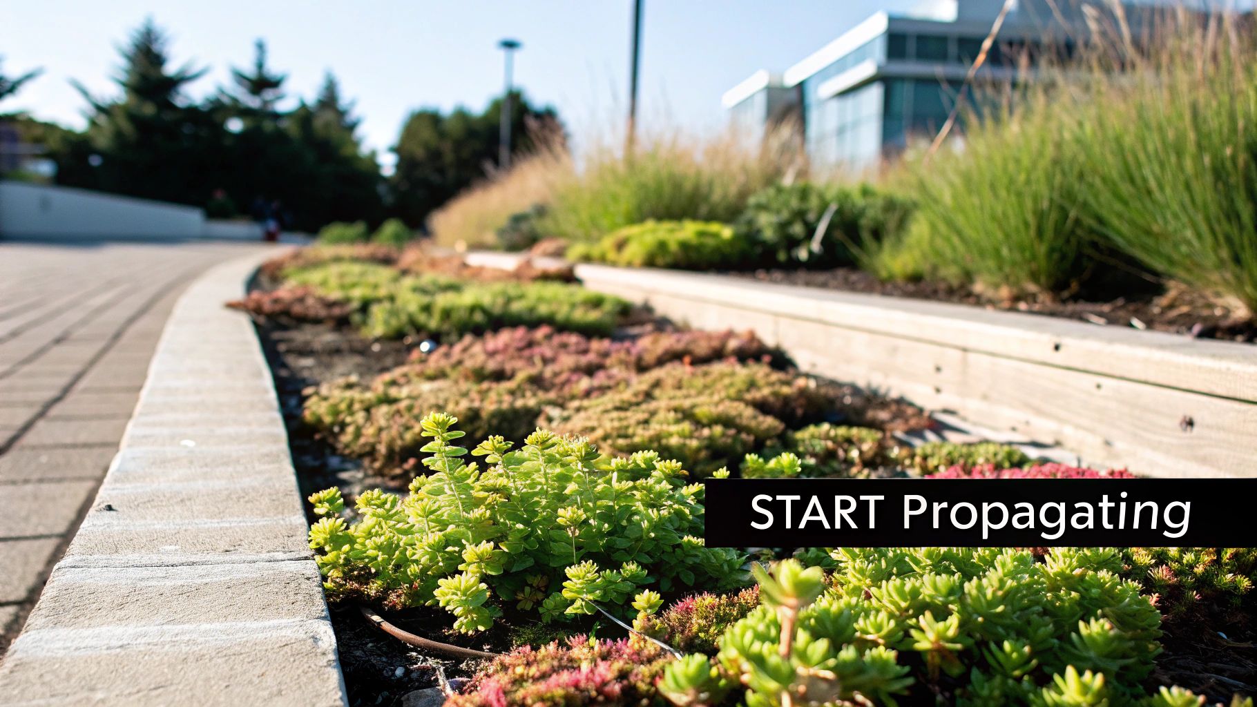 A vibrant garden bed filled with various sedum plants and other succulents next to a paved pathway.
