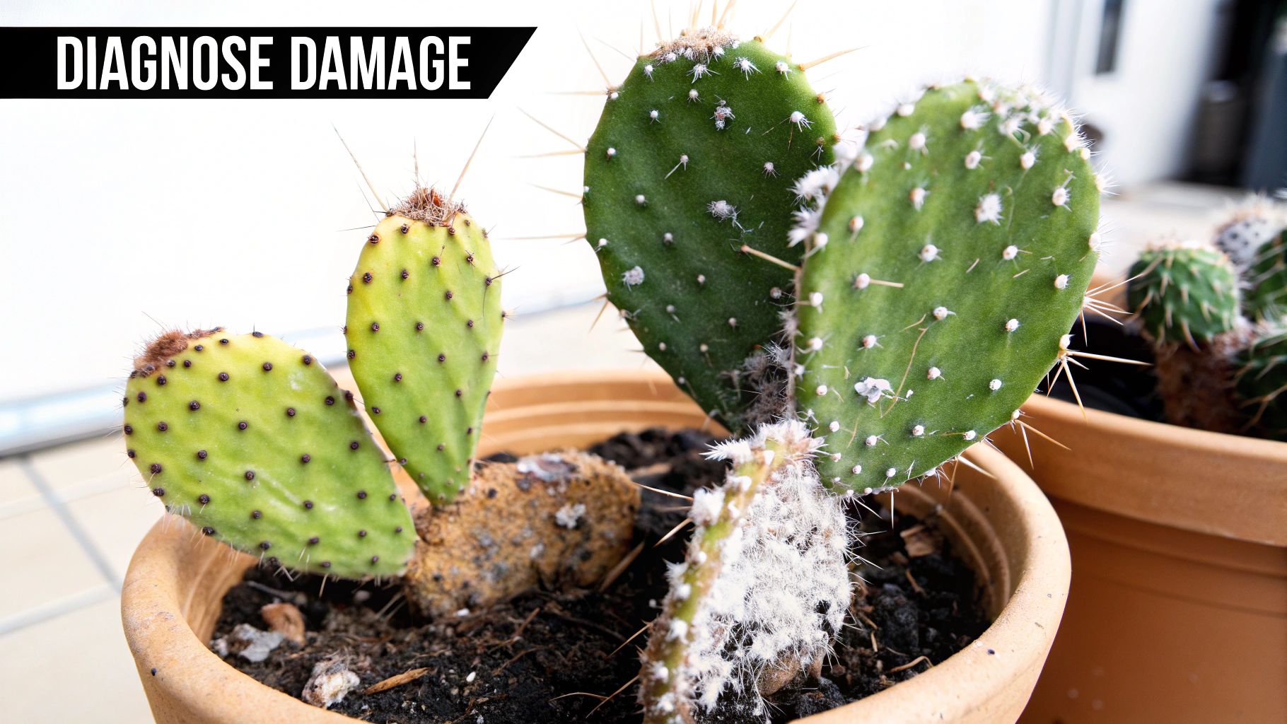 A close-up of a green potted cactus showing significant white fuzzy growth and damage on its pads.