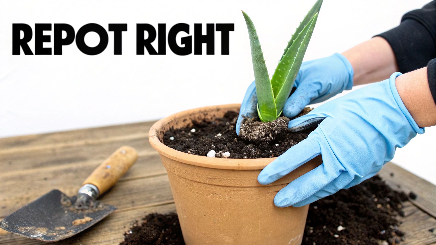 A person in blue gloves carefully repotting a small aloe vera plant into a terracotta pot on a wooden table.