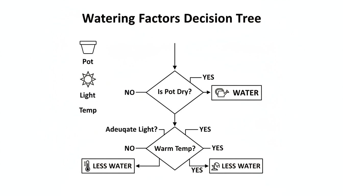 A decision tree flowchart illustrating factors for plant watering frequency based on pot dryness, light, and temperature.