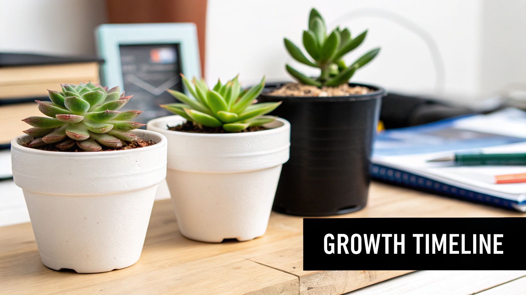 Three potted succulent plants on a wooden desk, with a 'Growth Timeline' text overlay.