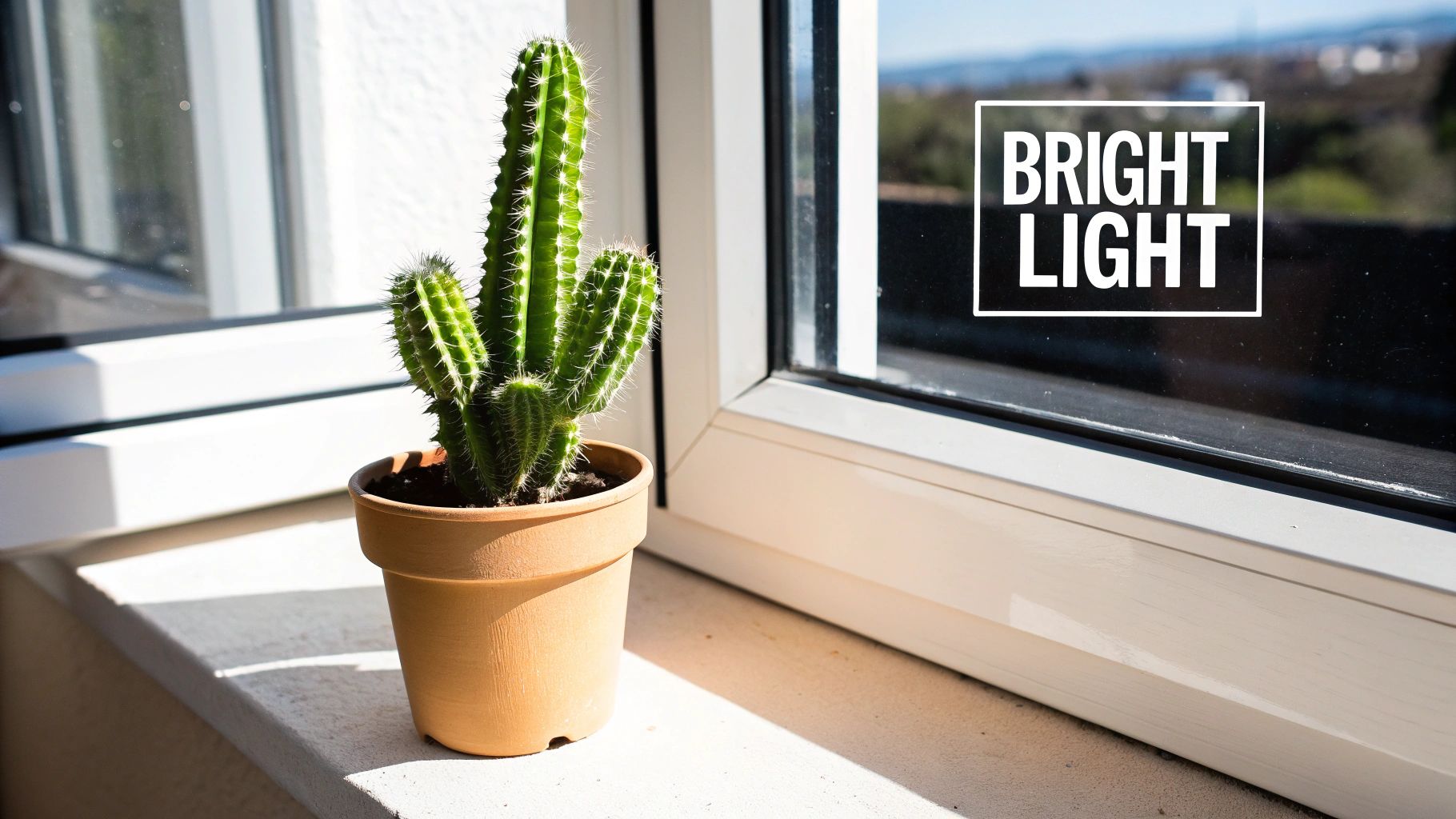 A cactus sits on a windowsill absorbing bright, indirect sunlight