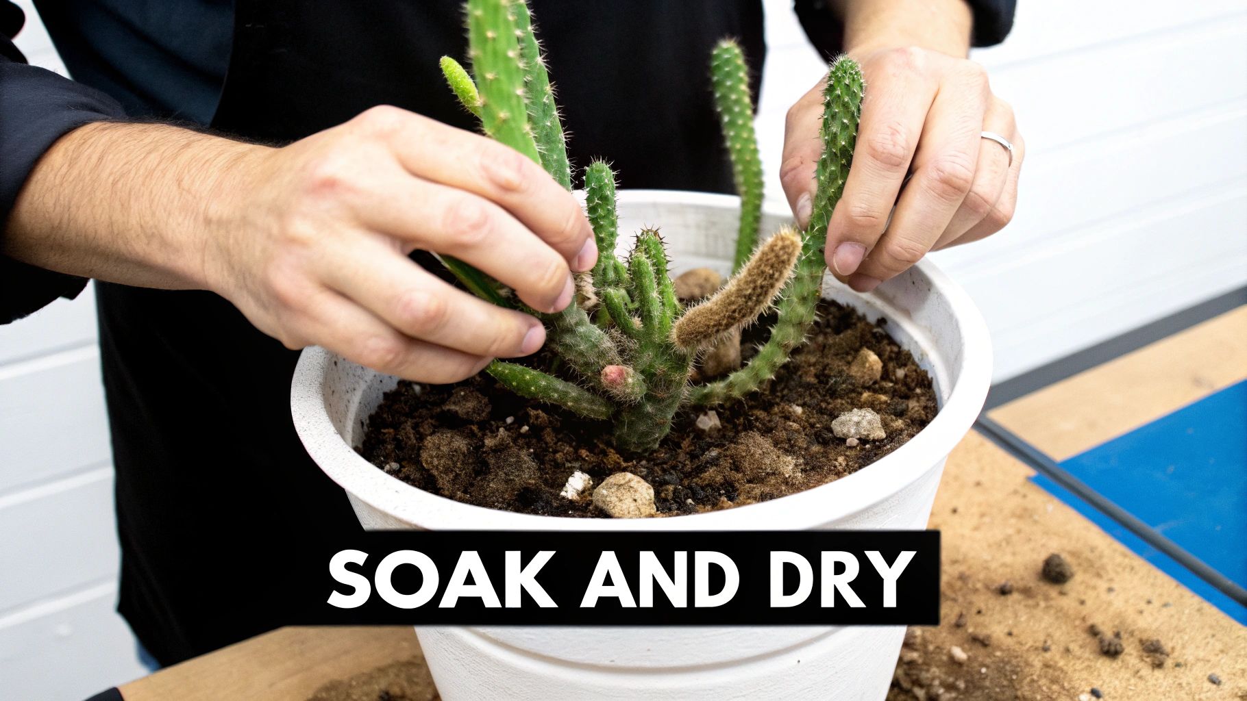 A person's hands are gently handling a monkey tail cactus in a white pot, with the text "SOAK AND DRY".