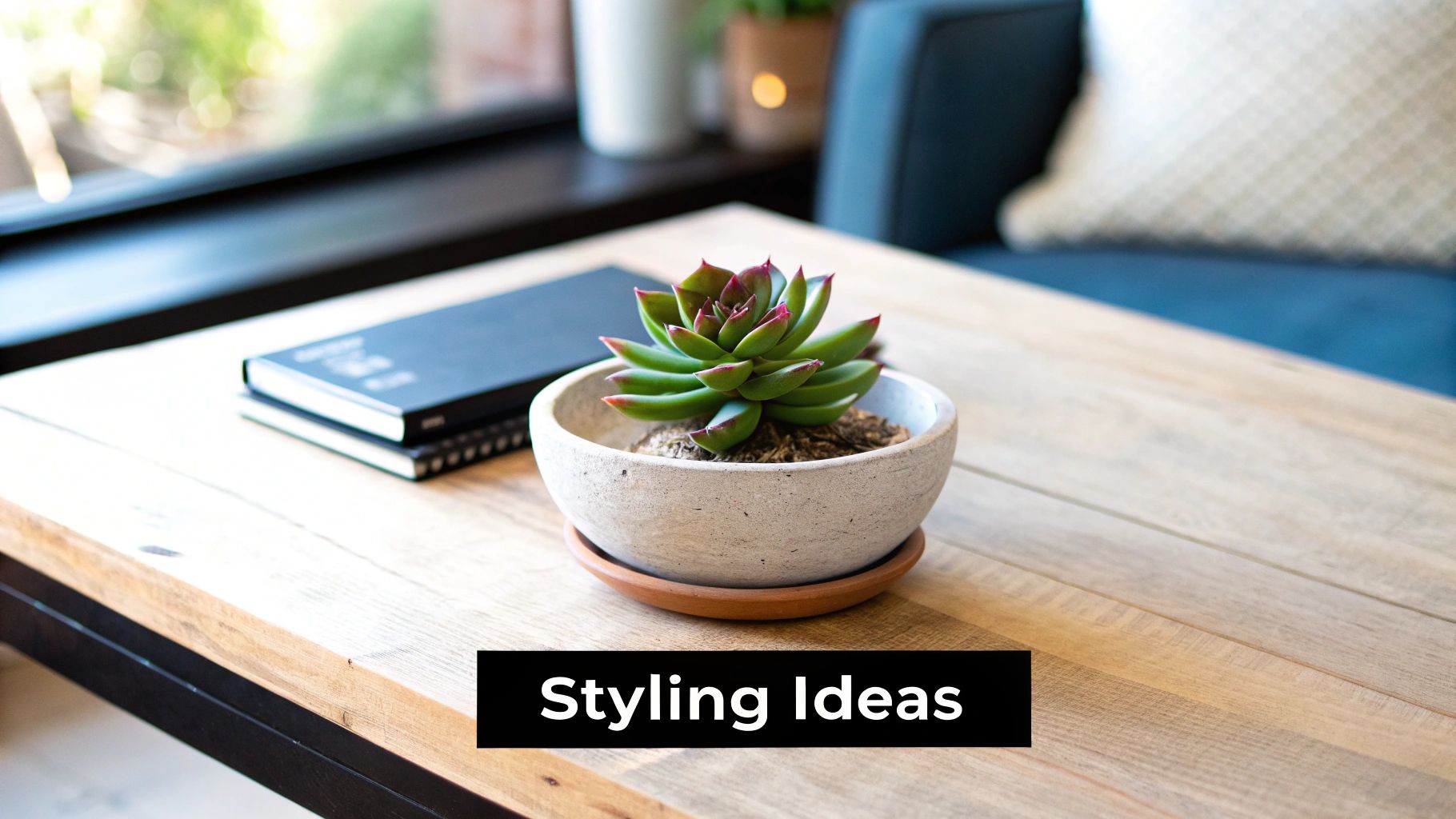 A vibrant green and red succulent plant in a light gray concrete pot on a modern wooden table next to notebooks.