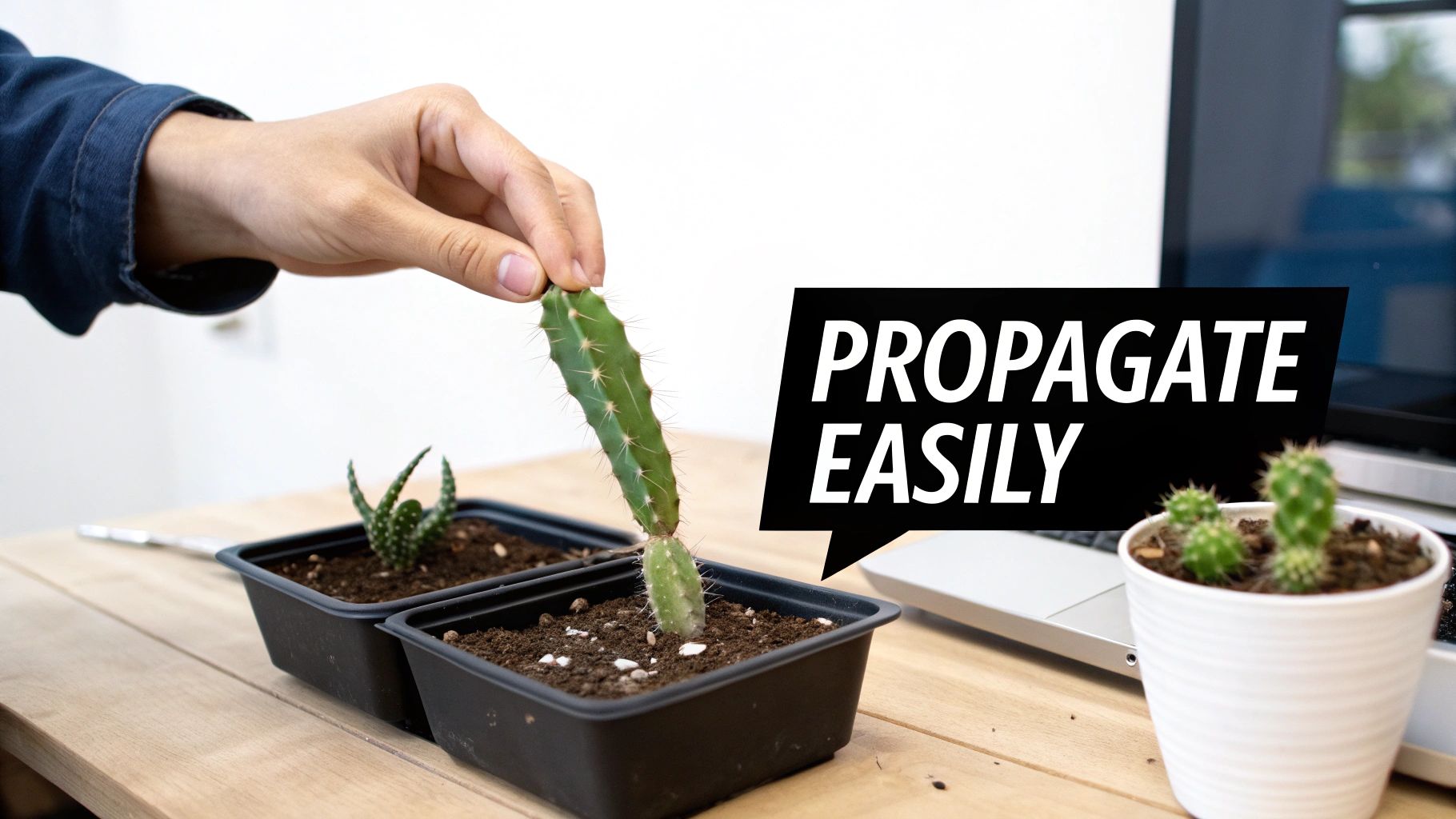 A hand holds a cactus cutting above a pot, demonstrating easy plant propagation for home gardeners.