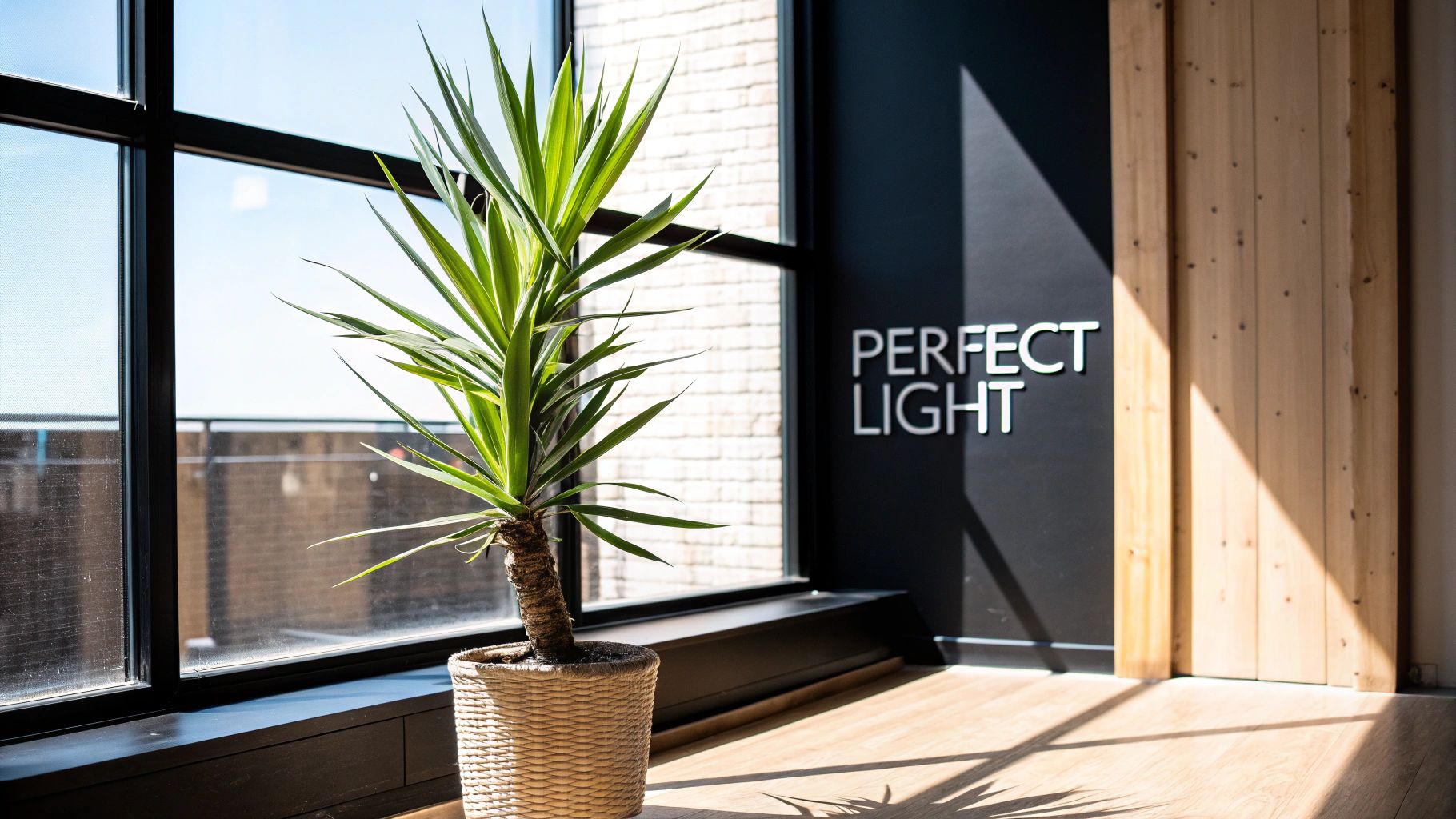 A tall, spiky yucca plant in a woven pot by a large window with sunlight. "PERFECT LIGHT" text is on a black wall.