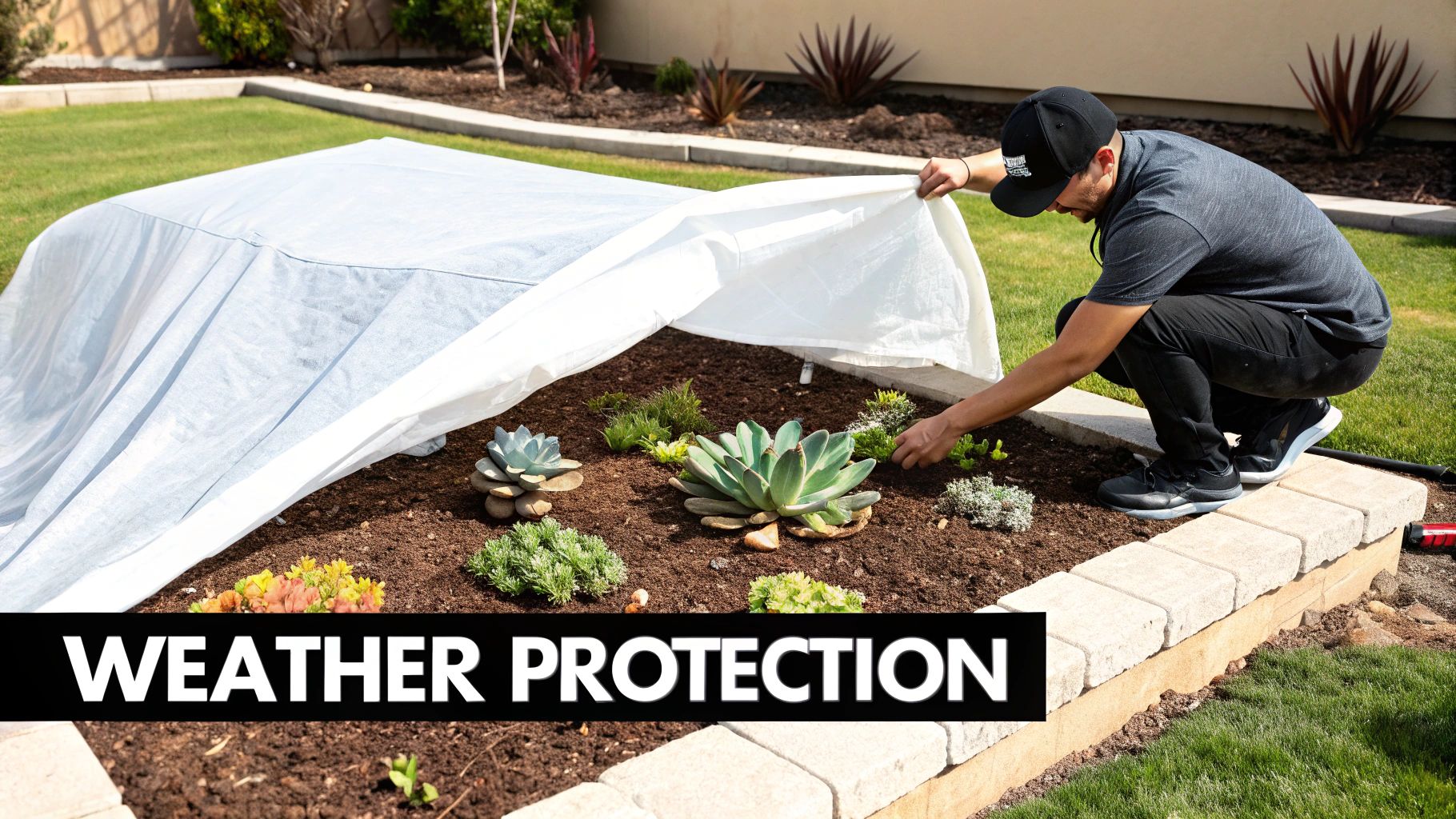 A person covers a raised garden bed filled with various succulent plants using a white protective fabric for weather protection.