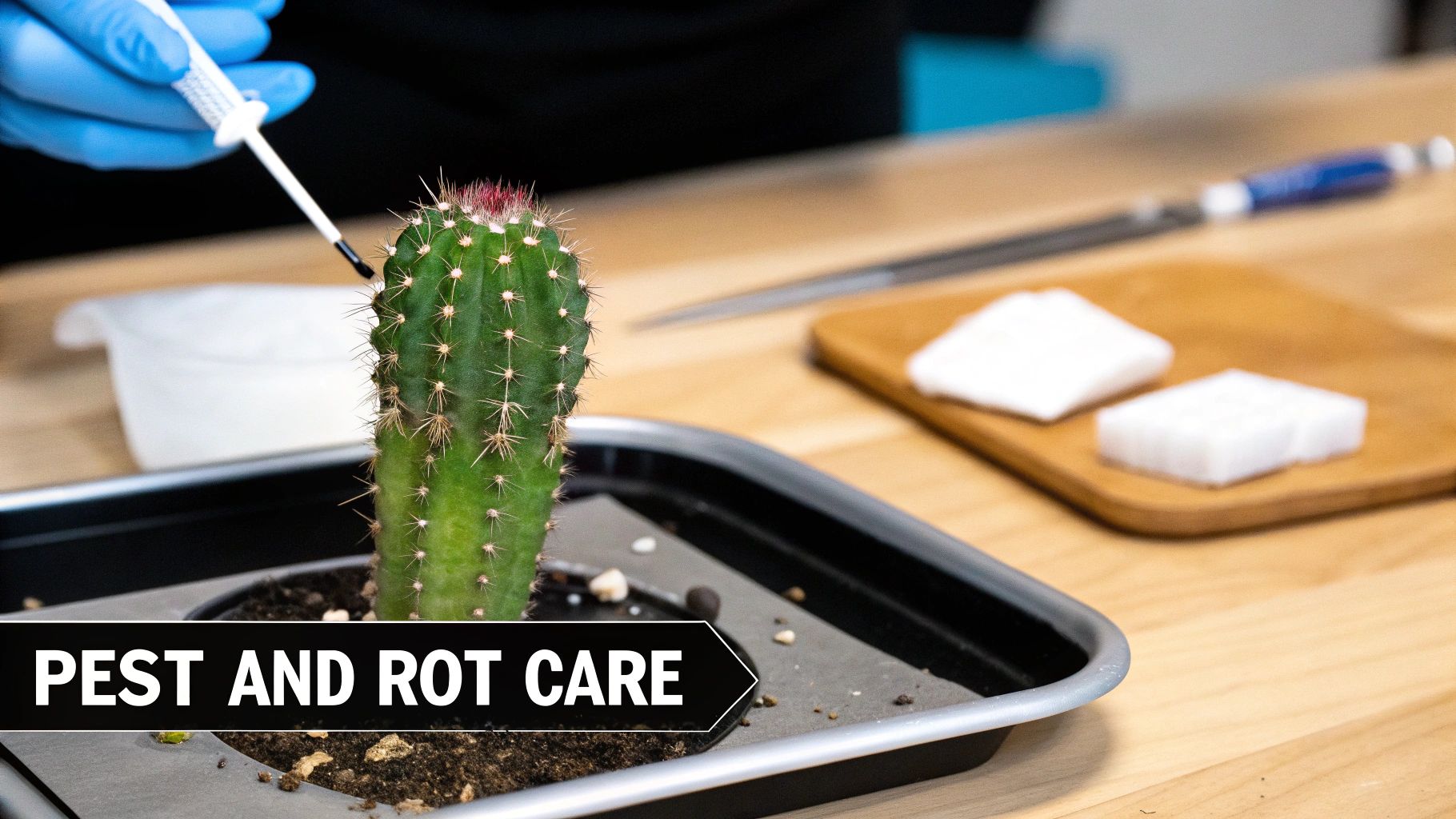 A person in blue gloves applying treatment to a small green potted cactus for pest and rot care.