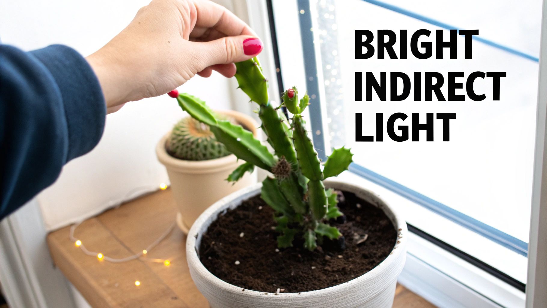 A hand with red nail polish touches a green cactus in a pot on a bright windowsill with text 'BRIGHT INDIRECT LIGHT'.