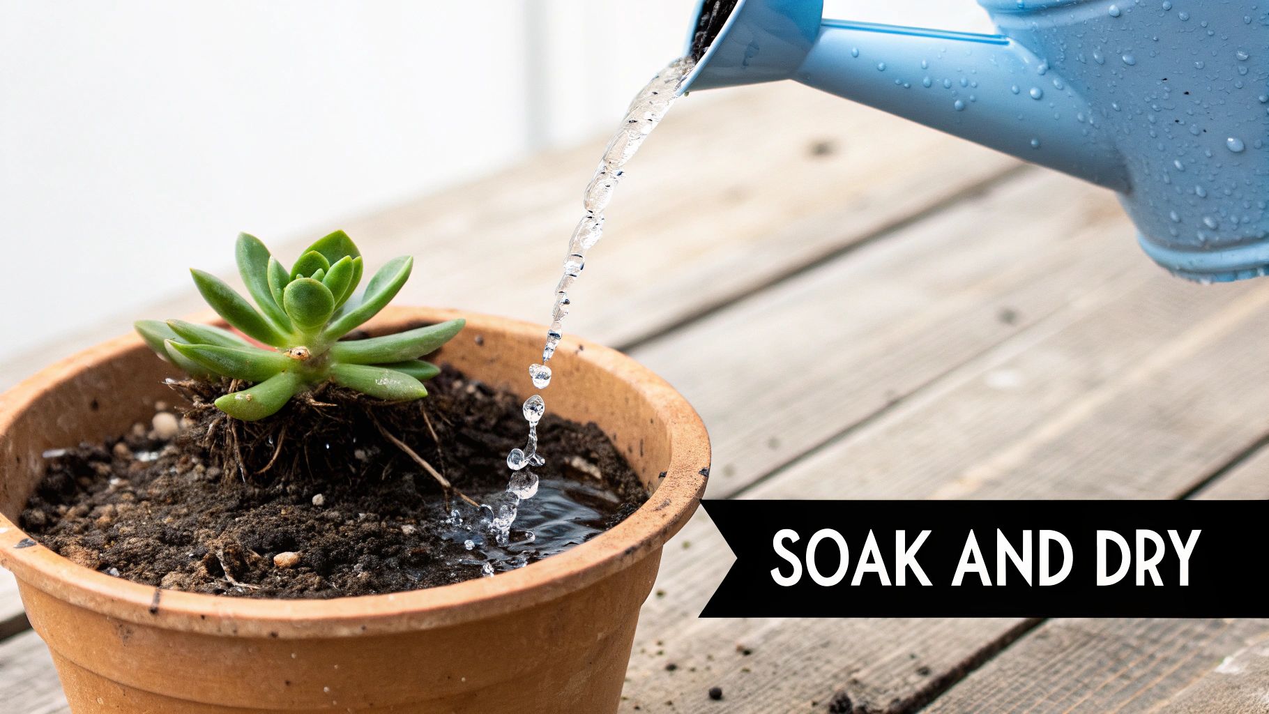 A blue watering can pours water onto a green succulent plant in a terra cotta pot, with the text 'SOAK AND DRY'.