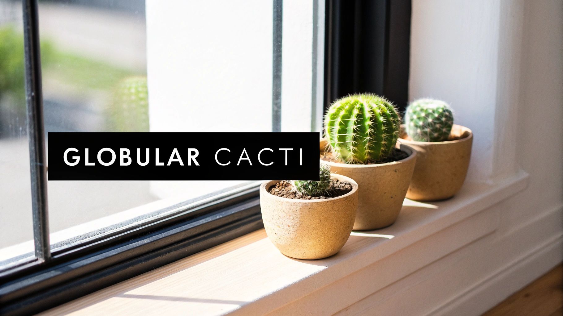 Three small, green globular cacti in terracotta pots sitting on a sunlit windowsill.