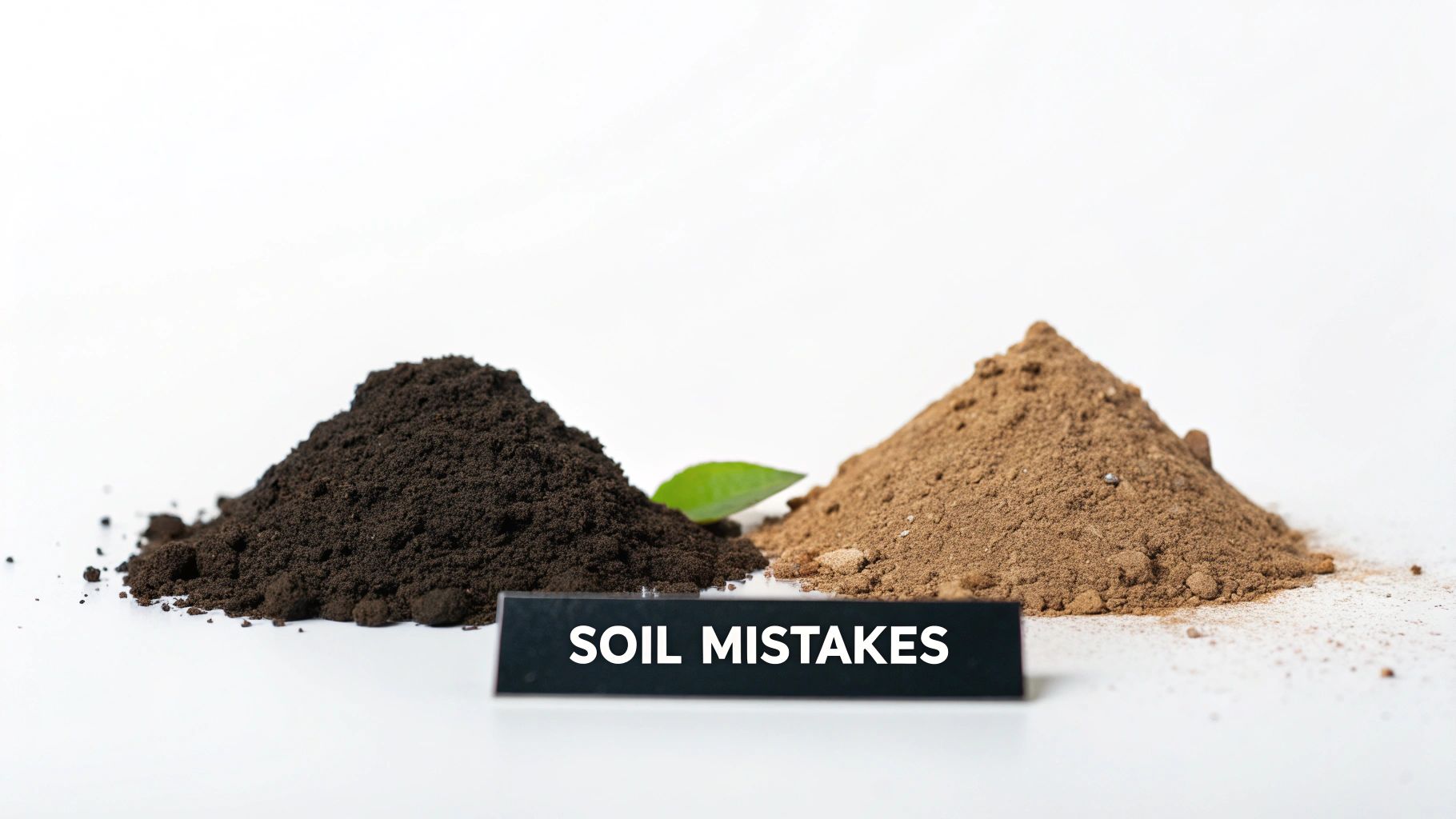 Two piles of soil, one dark and rich, the other light and sandy, with a 'SOIL MISTAKES' sign.