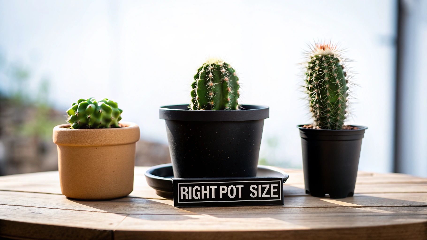 Three different potted cacti, one with a 'RIGHT POT SIZE' sign, on a wooden table.