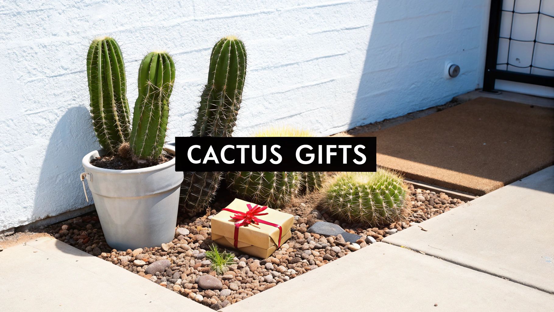 A collection of various cacti, including a potted one, with a wrapped gift box and 'CACTUS GIFTS' text.