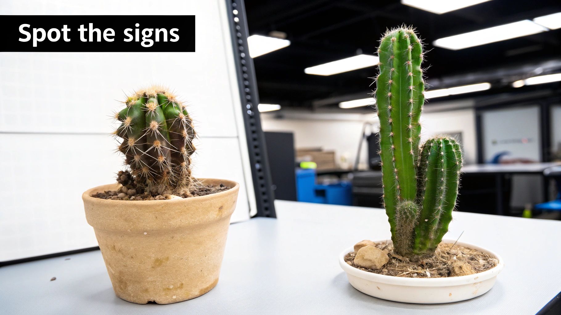 Two potted cacti, one small and round, one tall and columnar, sit on a white desk.