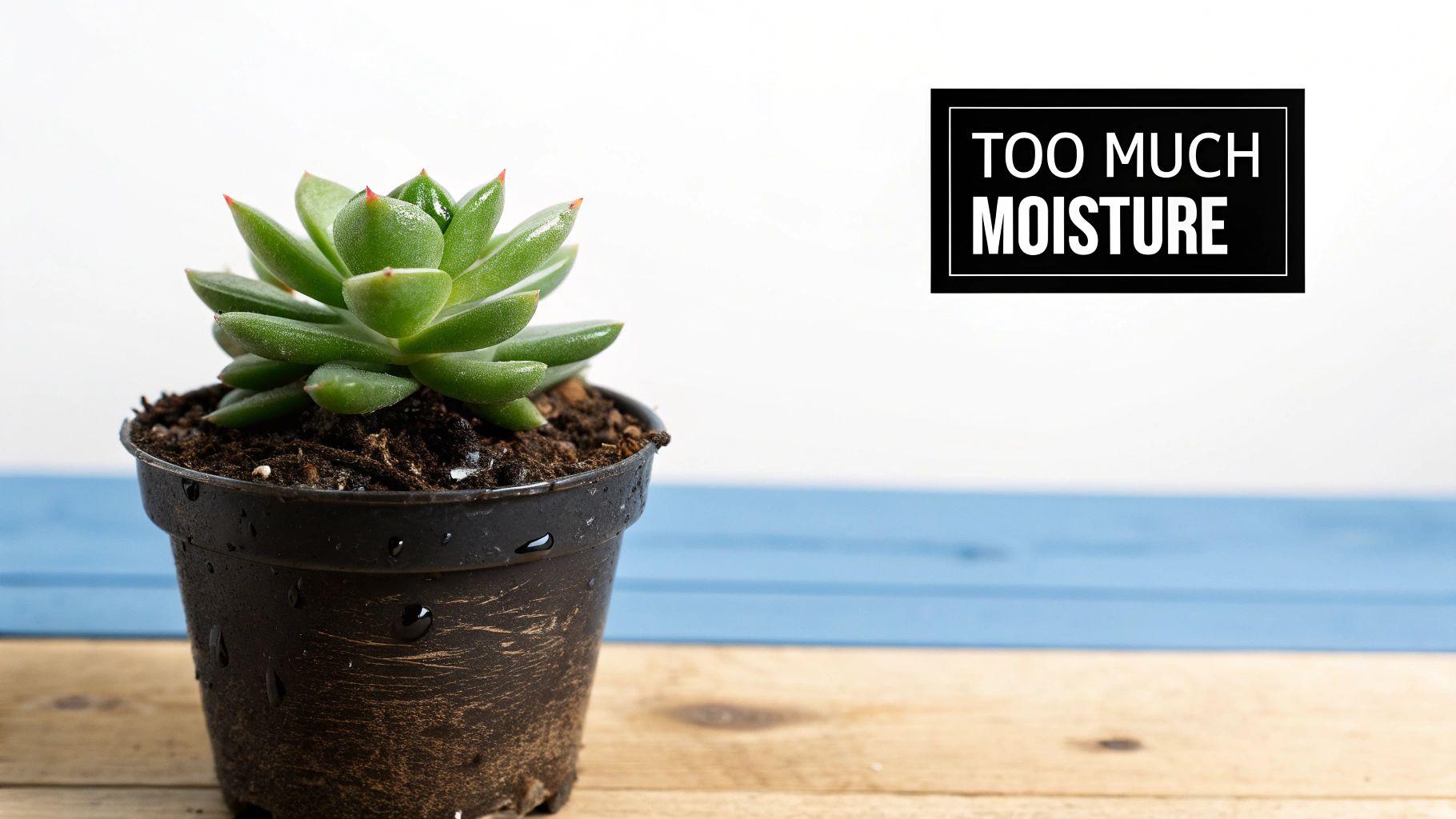 A small green succulent plant in a black pot with wet soil, indicating too much moisture.