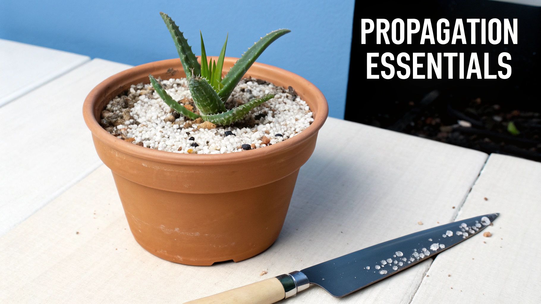 Aloe vera plant in terracotta pot with knife on white surface for propagation tutorial