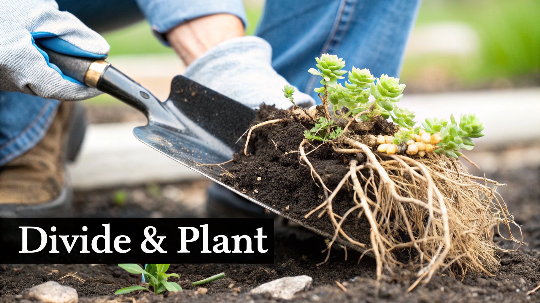 A person in gardening gloves uses a trowel to lift a Sedum plant with exposed roots from the soil, ready for division and planting.