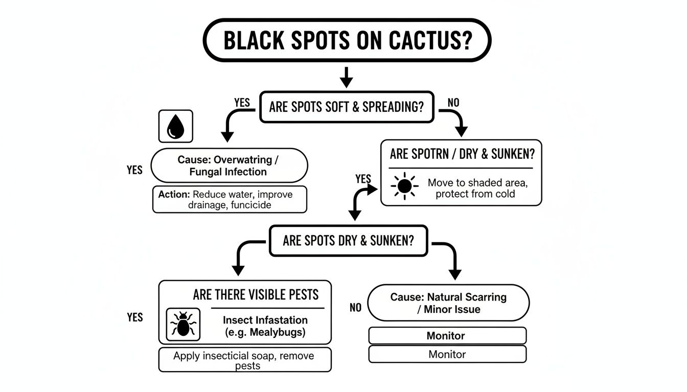 A flowchart guiding diagnosis and treatment for black spots on a cactus plant, addressing various causes.