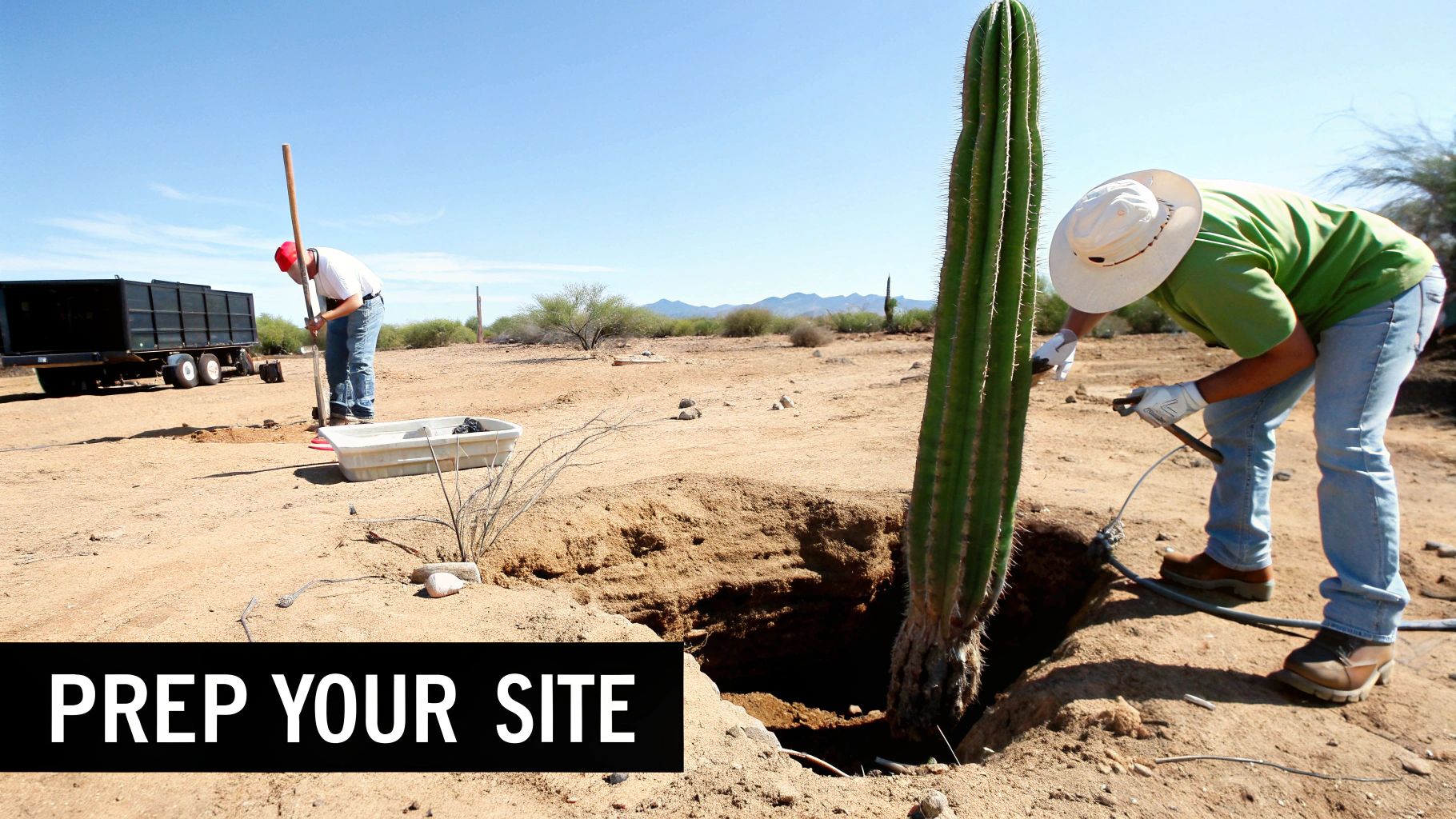 Two men in a desert landscape prepare a site, one digging a hole and another working near a saguaro cactus.