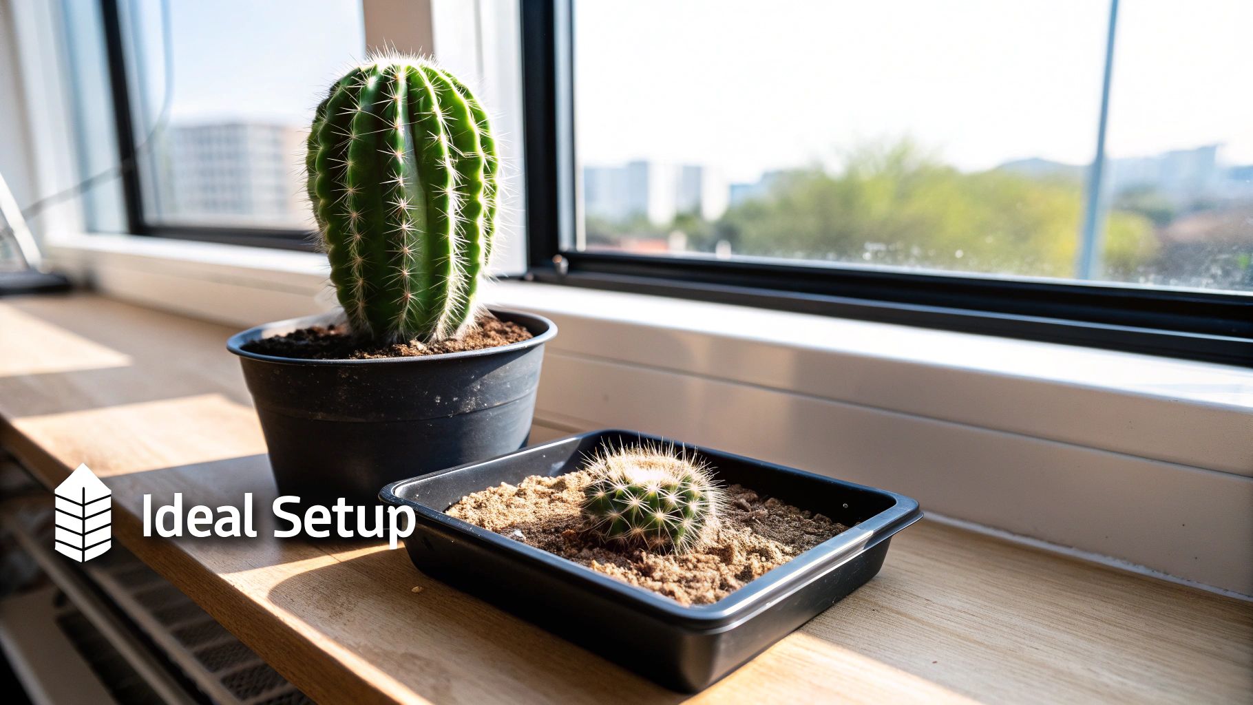 A close-up of a Peruvian Apple Cactus in a pot, showcasing its blue-green ribbed stem and sharp spines.