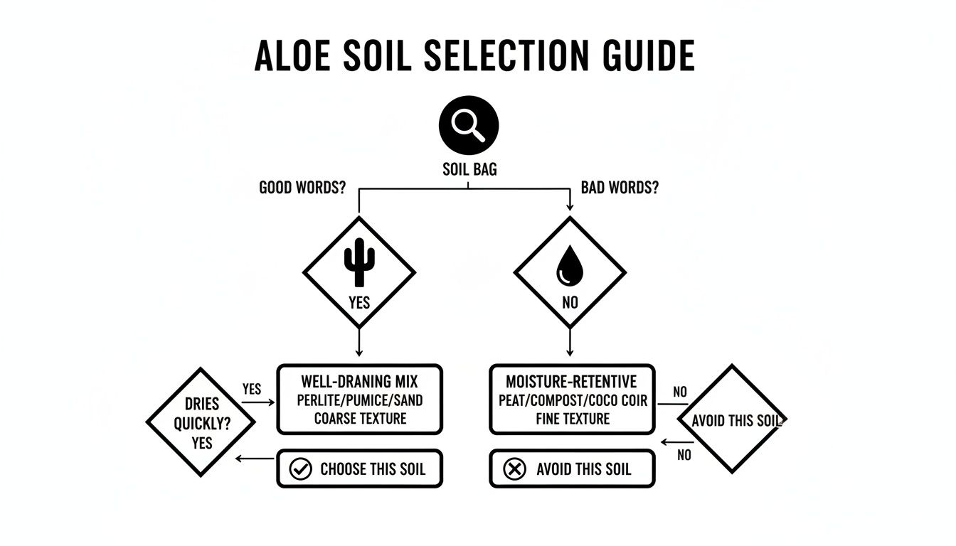 Flowchart guiding the selection of aloe plant soil, emphasizing well-draining mixes and coarse textures.