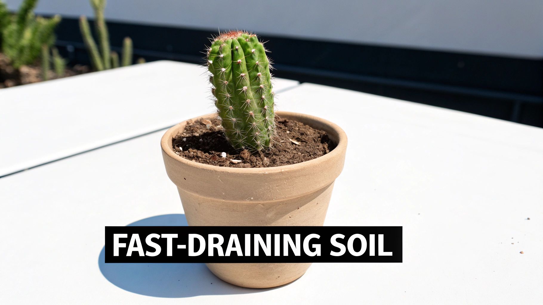 A person potting a small cactus in a terracotta pot with gritty soil.